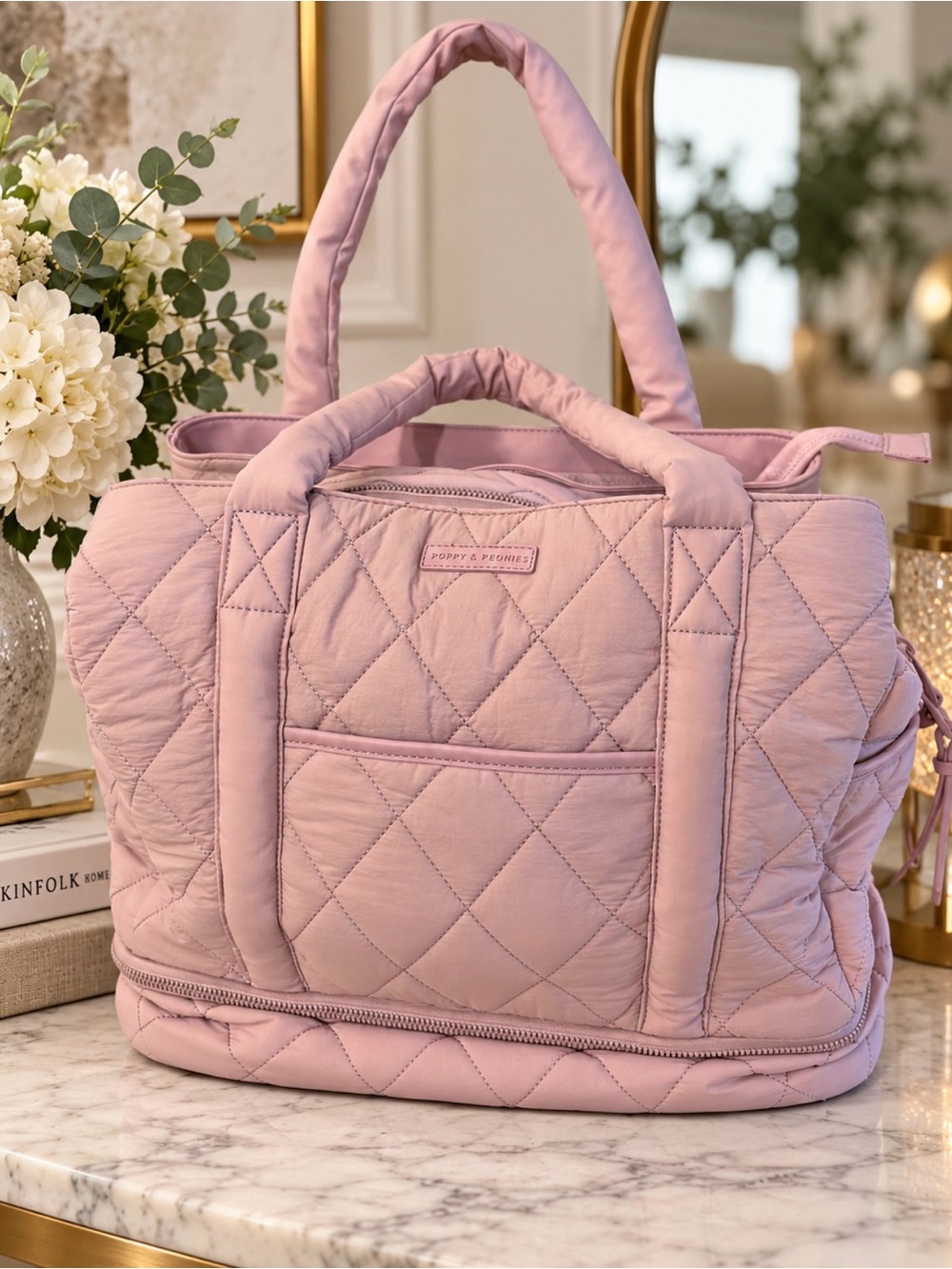 Poppy & Peonies Quilted Tote Bag - Lavender /lilac